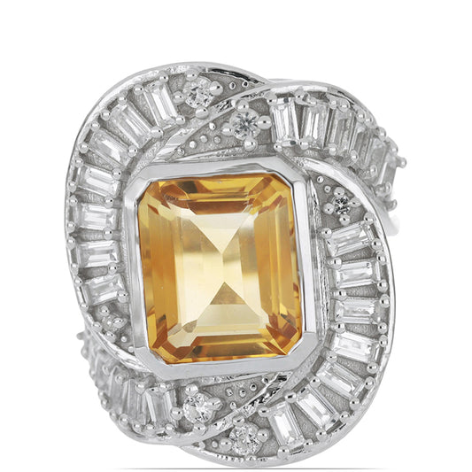 Stříbro 925/1000 - Prsten s Uralským Citrínem a Bílým Topazem - Karátové číslo: 7.48. přibližná hmotnost: 9.64 gramů