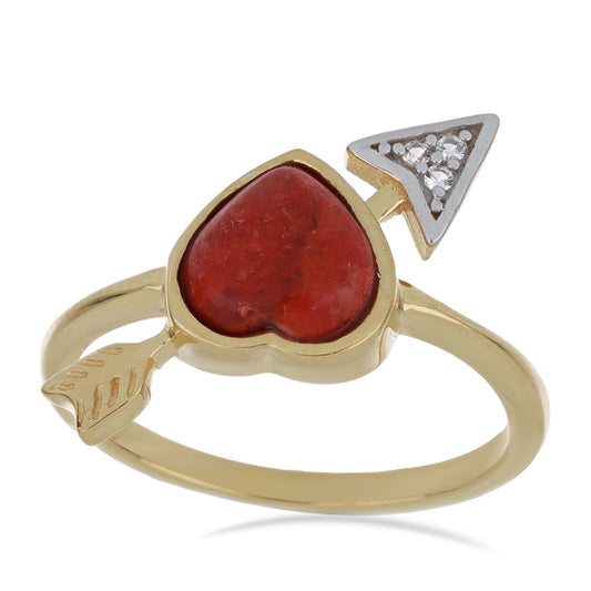 Pozlacené Stříbro 925/1000 - Prsten s Červeným Houbovým Korálem a Bílým Topazem - Karátové číslo: 1.44. přibližná hmotnost: 3.01 gramů