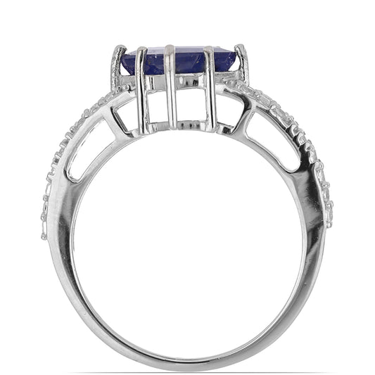 Stříbro 925/1000 Prsten s Roseberským Modrým Safírem a Bílým Topazem - Karátové číslo: 4.1. přibližná hmotnost: 4 gramů