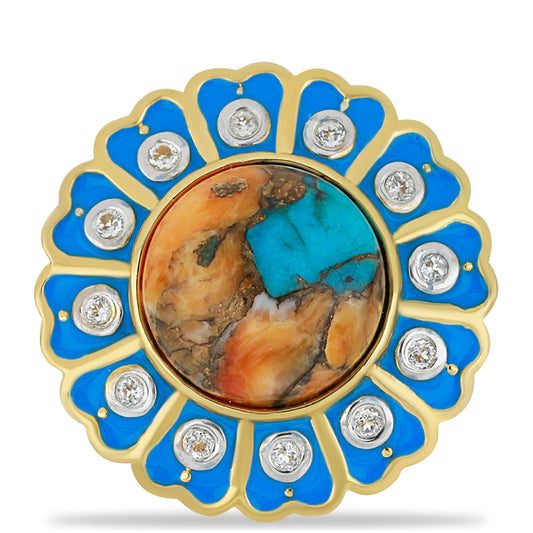 Pozlacené Stříbro 925/1000 - Prsten s Ústřicovým Tyrkysem a Bílým Topazem - Karátové číslo: 7.59. přibližná hmotnost: 8.3 gramů