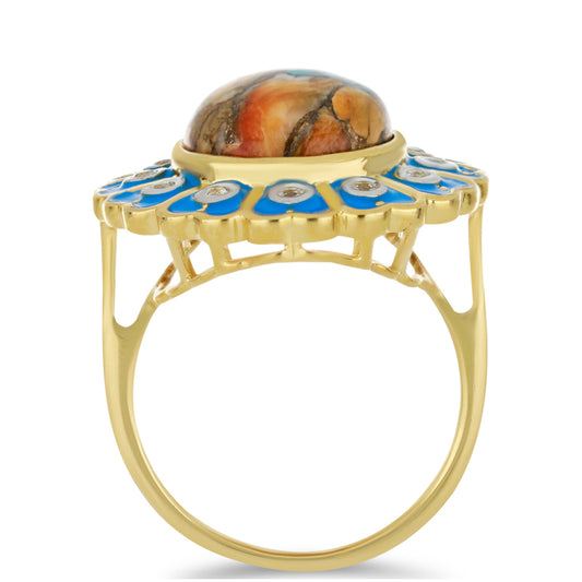 Pozlacené Stříbro 925/1000 - Prsten s Ústřicovým Tyrkysem a Bílým Topazem - Karátové číslo: 7.59. přibližná hmotnost: 8.3 gramů