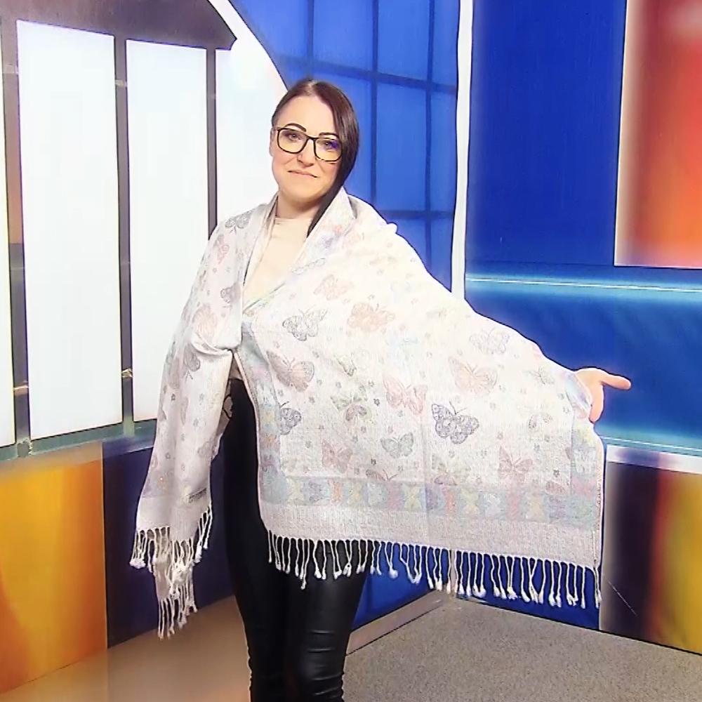 Šála-šátek ze 100% Pravého Pashmina Kašmíru, 70 cm x 170 cm, Lesklá bílá s motýlím vzorem