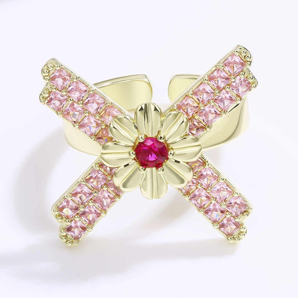 Pozlacený Slitinový Prsten s Červeným Emporia® Křišťálem a Růžovým Emporia® Křišťálem