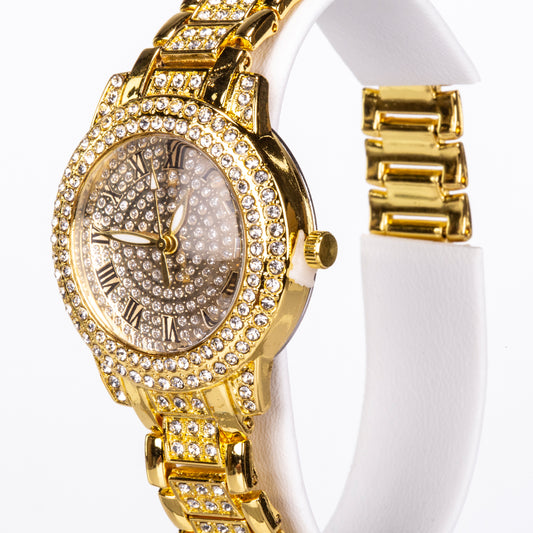 5dílná sada šperků Emporia prémiové kvality ve zlaté barvě v exkluzivní dárkové krabičce s imitací kůže (s hodinkami, náramkem, náhrdelníkem, náušnicemi a prstenem, s bílým krystalem Emporia)