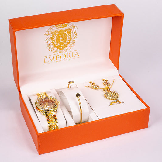 5dílná sada šperků Emporia prémiové kvality ve zlaté barvě v exkluzivní dárkové krabičce s imitací kůže (s hodinkami, náramkem, náhrdelníkem, náušnicemi a prstenem, s bílým krystalem Emporia)