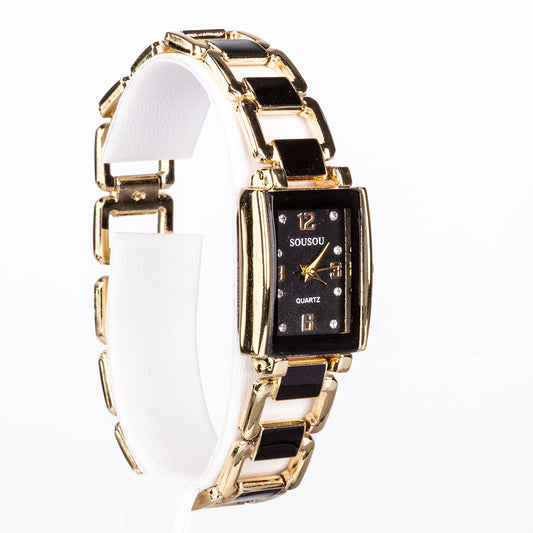 5dílná sada šperků Emporia prémiové kvality ve zlaté barvě v exkluzivní dárkové krabičce s imitací kůže (s hodinkami, náramkem, náhrdelníkem, náušnicemi a prstenem, s černými a bílými krystaly Emporia)