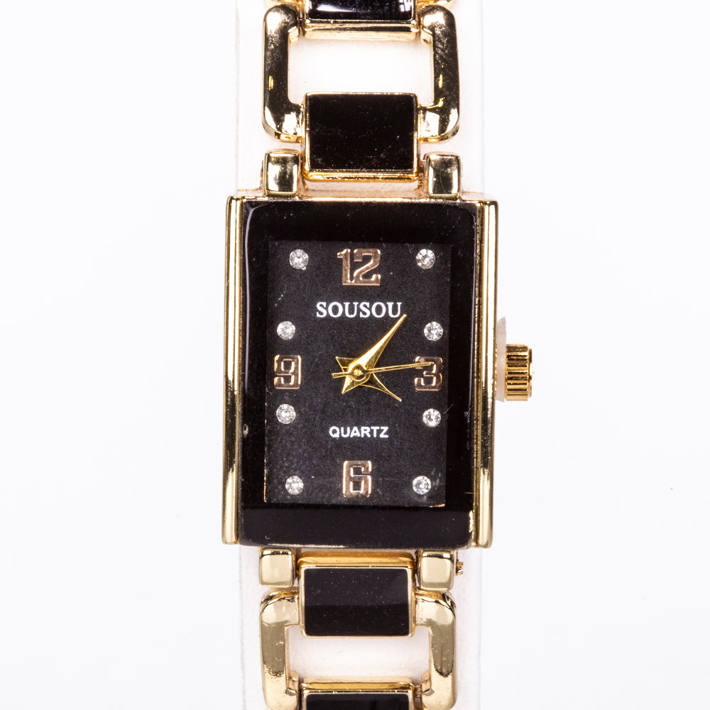 5dílná sada šperků Emporia prémiové kvality ve zlaté barvě v exkluzivní dárkové krabičce s imitací kůže (s hodinkami, náramkem, náhrdelníkem, náušnicemi a prstenem, s černými a bílými krystaly Emporia) 11 