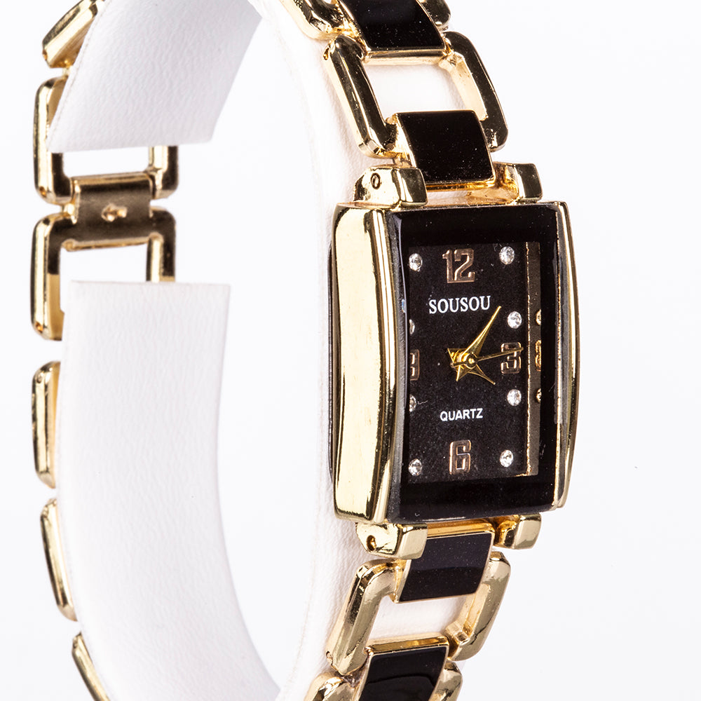 5dílná sada šperků Emporia prémiové kvality ve zlaté barvě v exkluzivní dárkové krabičce s imitací kůže (s hodinkami, náramkem, náhrdelníkem, náušnicemi a prstenem, s černými a bílými krystaly Emporia)