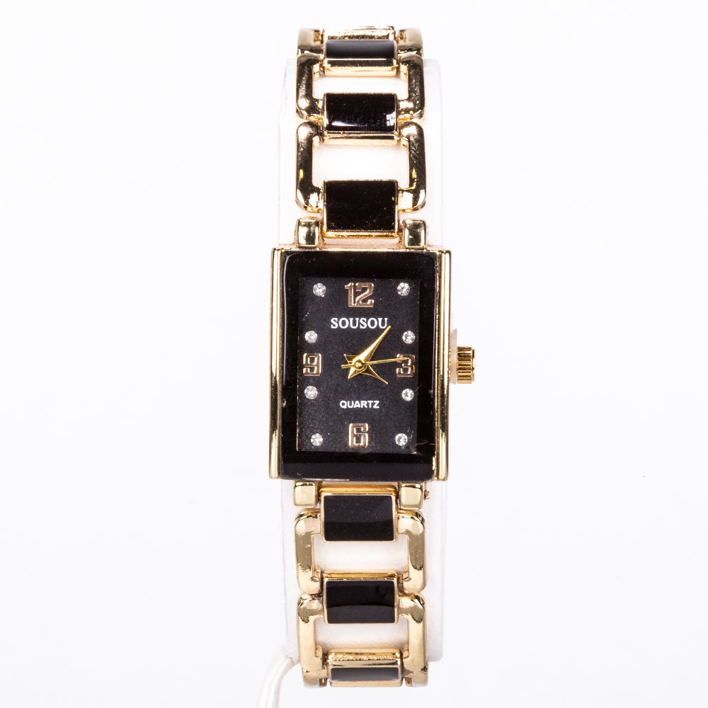 5dílná sada šperků Emporia prémiové kvality ve zlaté barvě v exkluzivní dárkové krabičce s imitací kůže (s hodinkami, náramkem, náhrdelníkem, náušnicemi a prstenem, s černými a bílými krystaly Emporia)