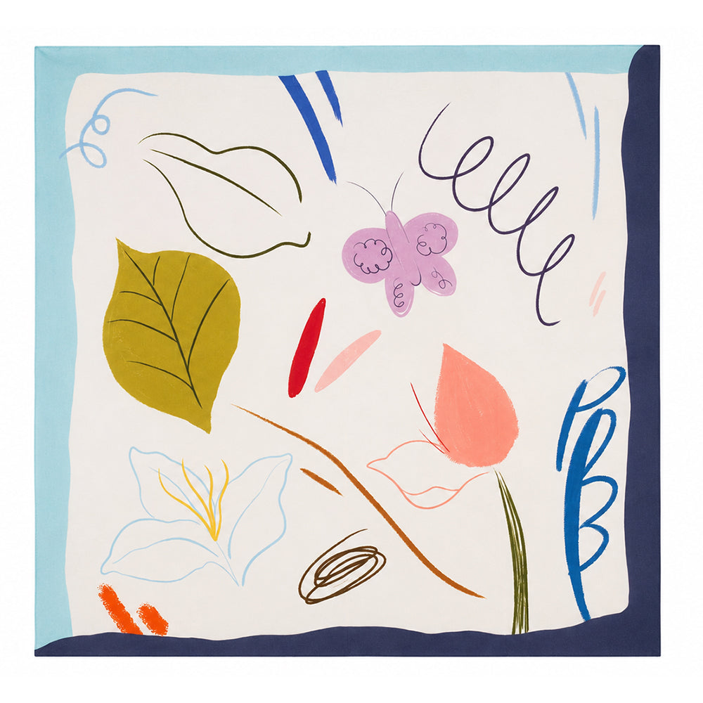 Hedvábný šátek Playful Bloom, tyrkysový, 90 × 90 cm 2 