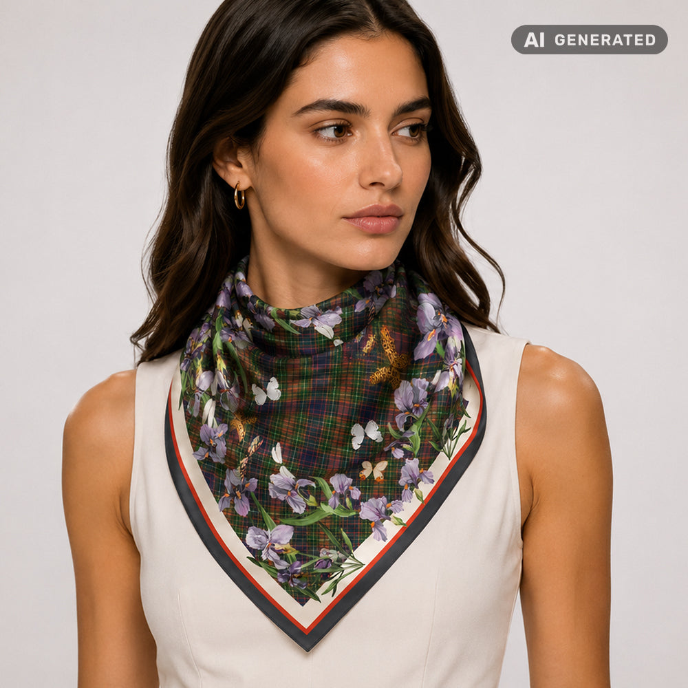 Iris Meadow Scarf, Forest Green, 90 cm x 90 cm, 100% Silk