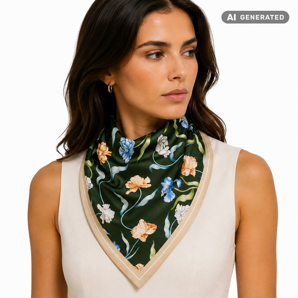 Emerald Flowers Scarf, Emerald Green, 90 cm x 90 cm, 100% Silk 1 