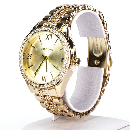 Dámské hodinky Excellanc zlaté barvy s kovovým náramkem, skládací sponou a krystaly