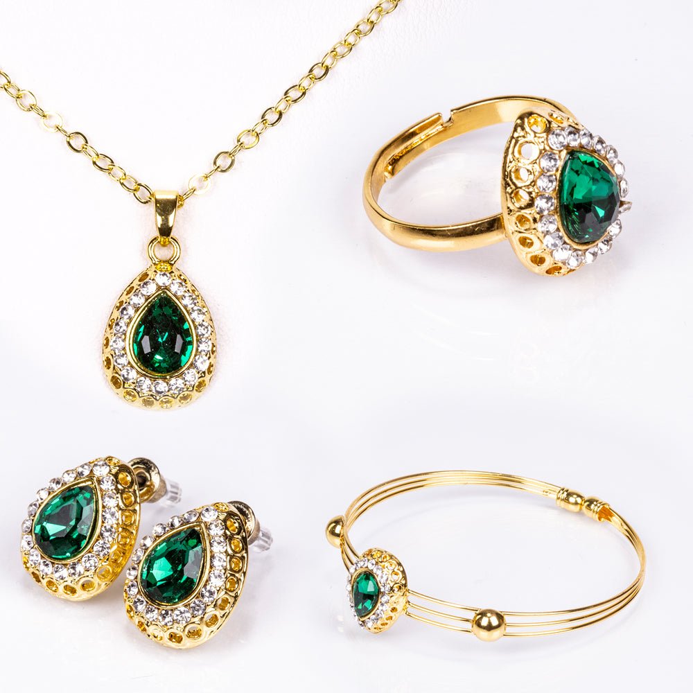 Pozlacená Slitinová Sada se Zeleným Emporia® Křišťálem a Bílým Emporia® Křišťálem ( Náhrdelník+Náušnice+Náramek+Prsten+Přívěsek )