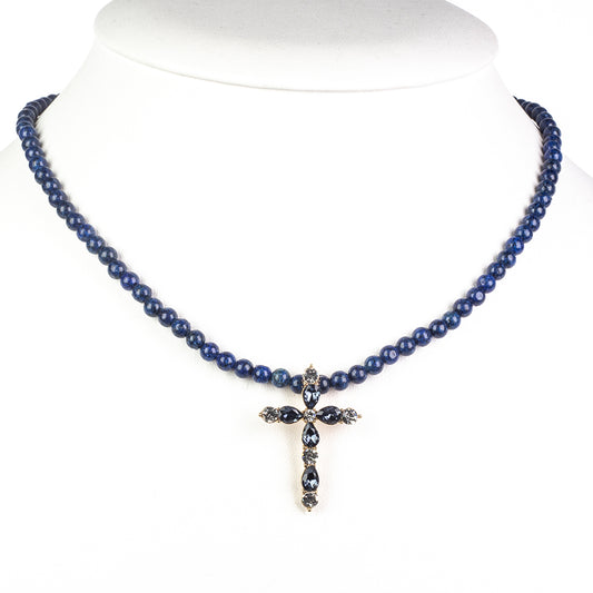 Kříž Pozlacený Slitinový Náhrdelník s Lapisem Lazuli a Modrým Emporia® Křišťálem ( Náhrdelník+Přívěsek )