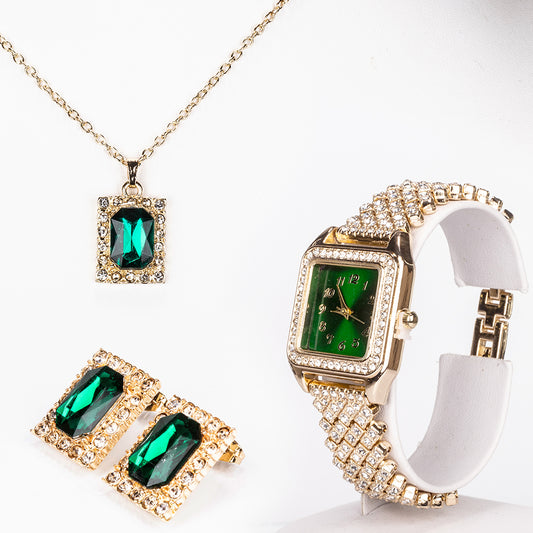 Pozlacená slitina - Hodinky se Zeleným Emporia® Křišťálem a Bílým Emporia® Křišťálem - Karátové číslo: 12. přibližná hmotnost: 57 gramů ( Náhrdelník+Náušnice+Přívěsek )