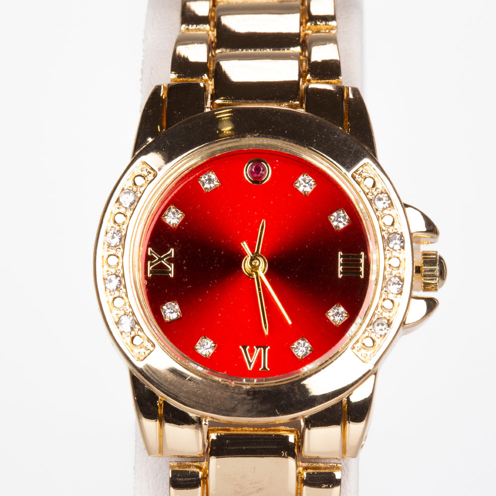 Pozlacená slitina - Hodinky s Rubínem a Bílým Emporia® Křišťálem - Karátové číslo: 0.92. přibližná hmotnost: 62 gramů ( Náhrdelník+Náušnice+Přívěsek )