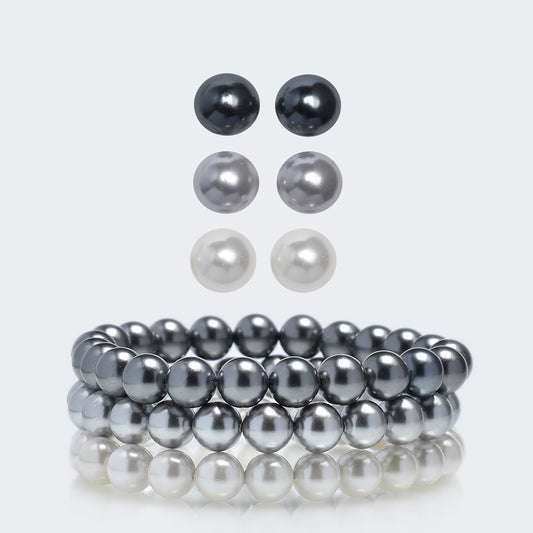 Stříbrná Sada s Sladkovodní stříbrná perla a Sladkovodní šedá perla ( Náušnice+Náramek )