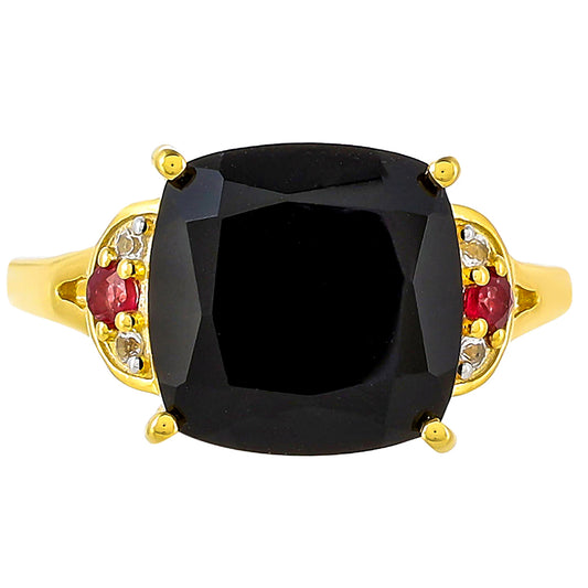 Pozlacený Stříbrný Prsten s Černým Onyxem a Thajským Rubínem