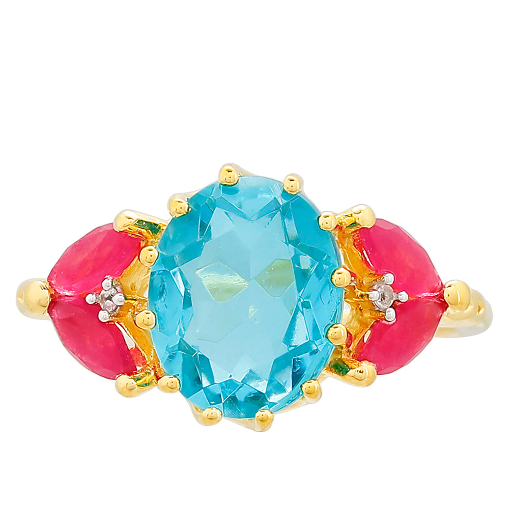 Pozlacený Stříbrný Prsten s Paraiba Křemenem a Červeným Křemenem 1 