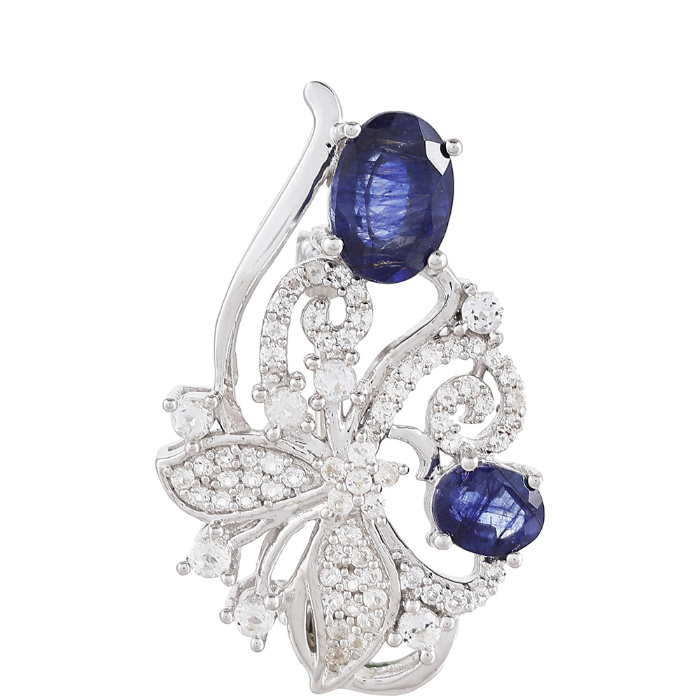 Stříbro 925/1000 - Brož s Thajským Safírem a Bílým Topazem - Karátové číslo: 2.28. přibližná hmotnost: 3.24 gramů