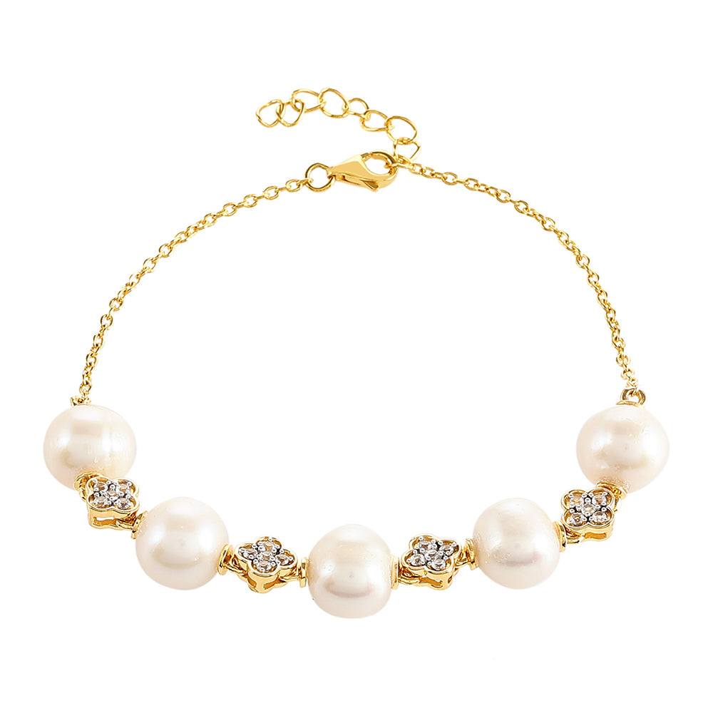 Pozlacené Stříbro 925/1000 - Náramek s Barokní Sladkovodní Kultivovanou Perlou a Bílým Topazem - Karátové číslo: 25.82. přibližná hmotnost: 8.44 gramů 1 