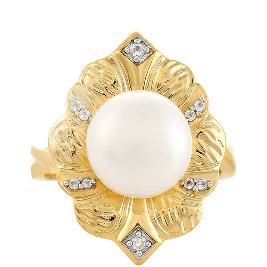 Pozlacené Stříbro 925/1000 - Prsten s Barokní Sladkovodní Kultivovanou Perlou a Bílým Topazem - Karátové číslo: 5.96. přibližná hmotnost: 6.01 gramů