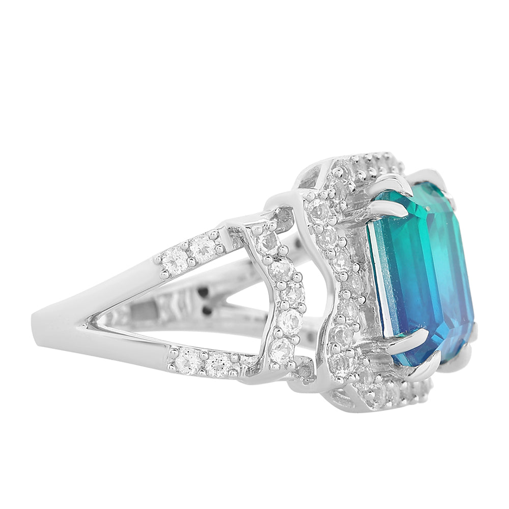 Stříbro 925/1000 - Prsten s Pavím Křemenem a Bílým Topazem - Karátové číslo: 4.38. přibližná hmotnost: 5.05 gramů