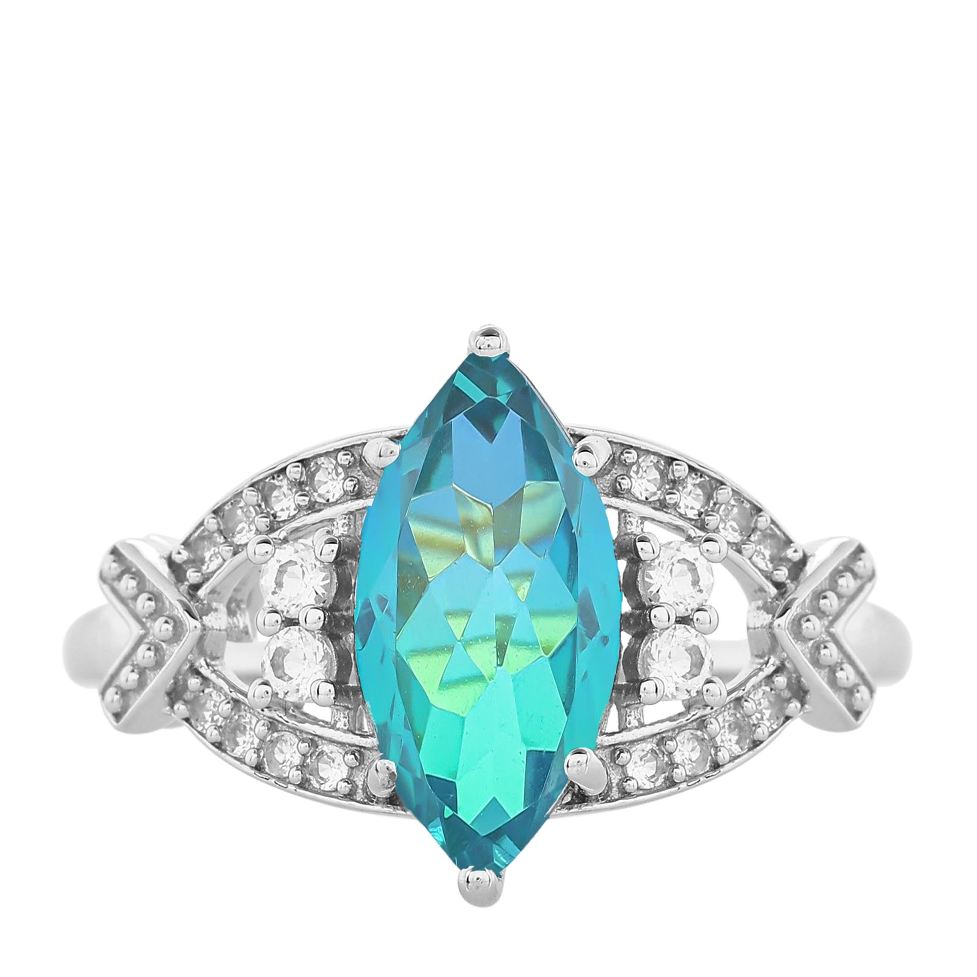 Stříbro 925/1000 - Prsten s Pavím Křemenem a Bílým Topazem - Karátové číslo: 3.2. přibližná hmotnost: 3.78 gramů 8 