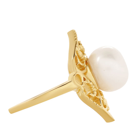 Pozlacené Stříbro 925/1000 - Prsten s Barokní Sladkovodní Kultivovanou Perlou - Karátové číslo: 2.6. přibližná hmotnost: 4.31 gramů