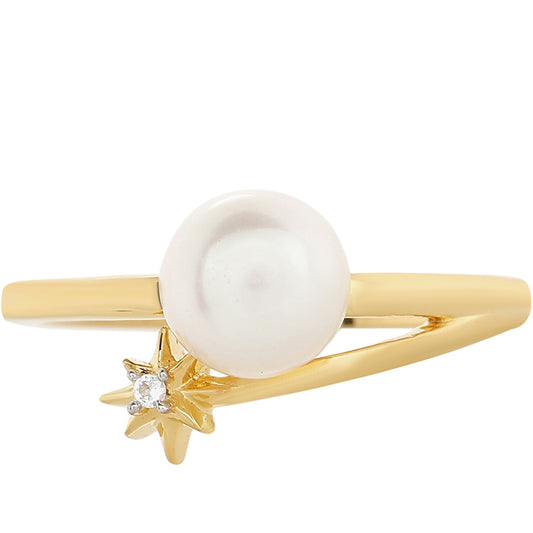 Pozlacené Stříbro 925/1000 - Prsten s Barokní Sladkovodní Kultivovanou Perlou a Bílým Topazem - Karátové číslo: 2.26. přibližná hmotnost: 2.61 gramů