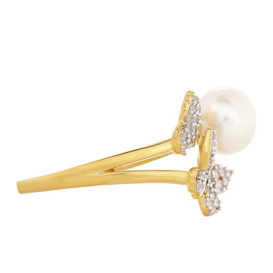 Pozlacené Stříbro 925/1000 - Prsten s Barokní Sladkovodní Kultivovanou Perlou a Bílým Topazem - Karátové číslo: 2.37. přibližná hmotnost: 2.86 gramů