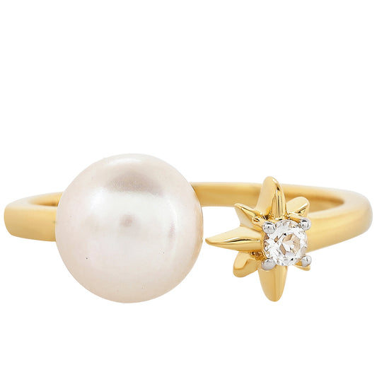 Pozlacené Stříbro 925/1000 - Prsten s Barokní Sladkovodní Kultivovanou Perlou a Bílým Topazem - Karátové číslo: 2.94. přibližná hmotnost: 2.37 gramů