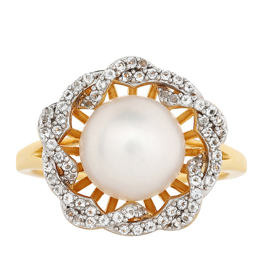Pozlacené Stříbro 925/1000 - Prsten s Barokní Sladkovodní Kultivovanou Perlou a Bílým Topazem - Karátové číslo: 4.47. přibližná hmotnost: 4.93 gramů