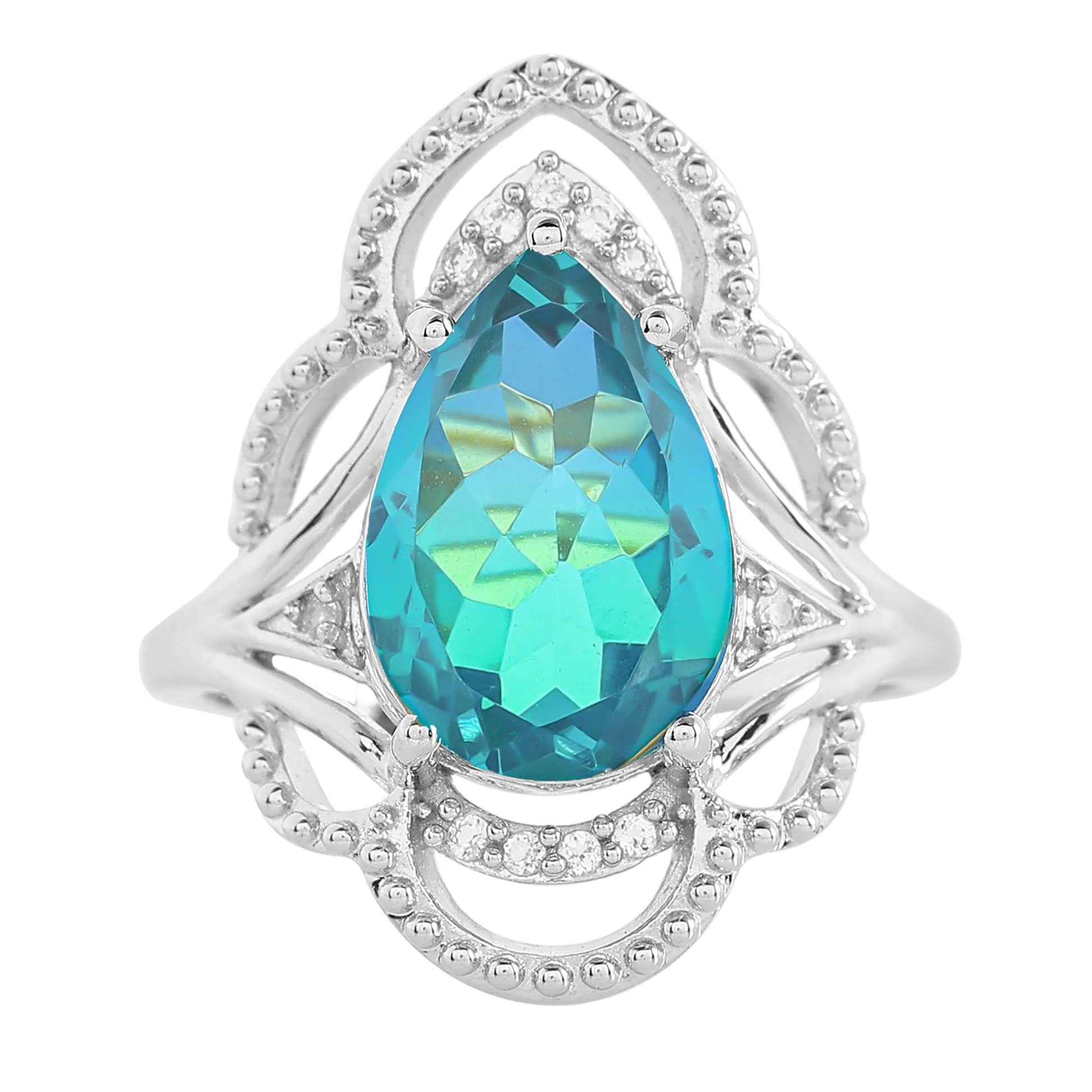 Stříbro 925/1000 - Prsten s Pavím Křemenem a Bílým Topazem - Karátové číslo: 4.19. přibližná hmotnost: 4.49 gramů 8 