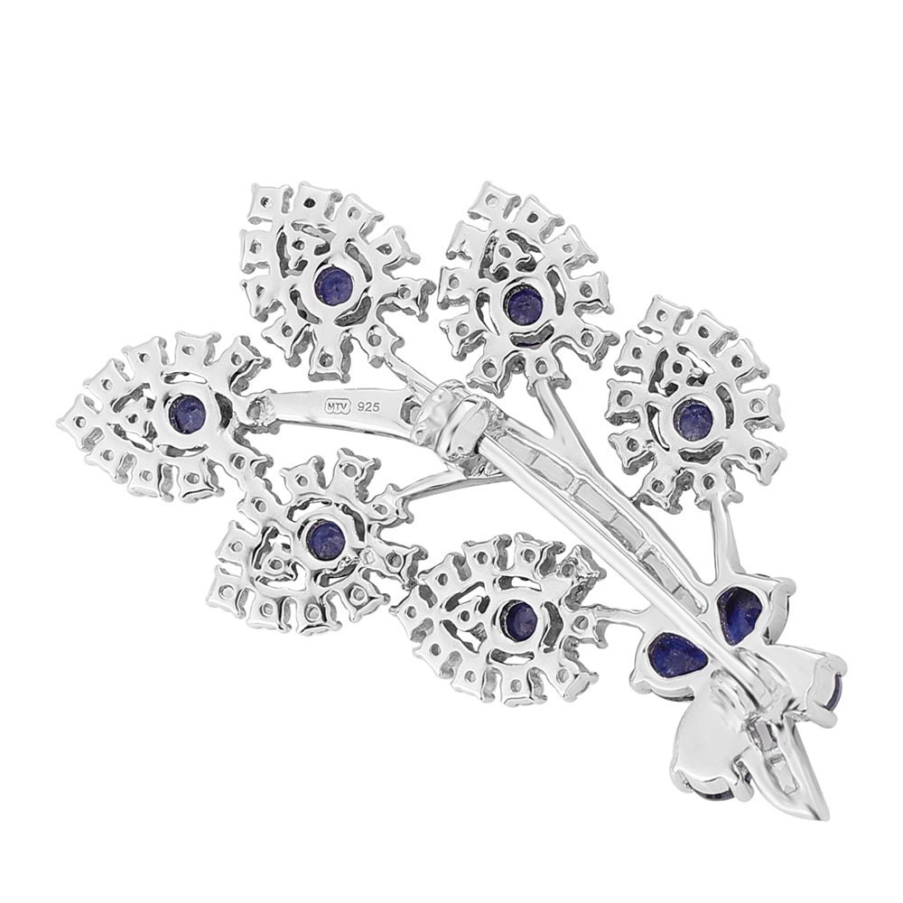 925 / 1000 Sterlingové Stříbro Brož s Modrým Safírem a Bílým Topazem