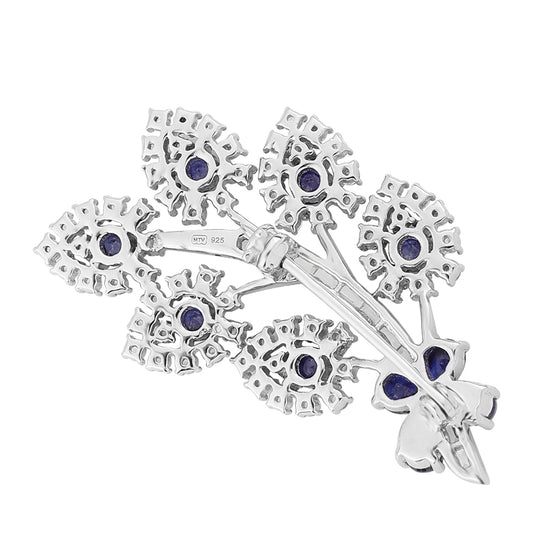 925 / 1000 Sterlingové Stříbro Brož s Modrým Safírem a Bílým Topazem