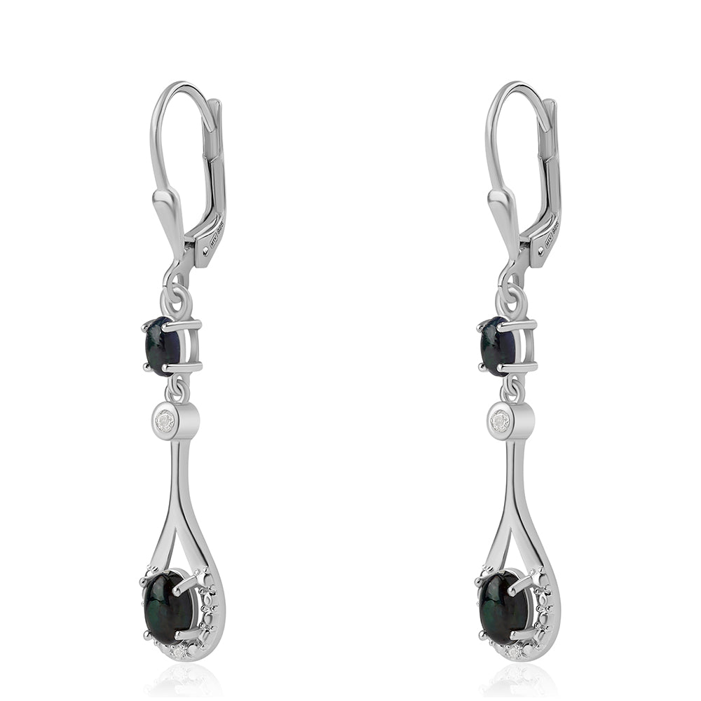 925 / 1000 Sterlingové Stříbro Náušnice s Půlnočně Černým Etiopským Opálem z Lega Dembi a Bílým Topazem