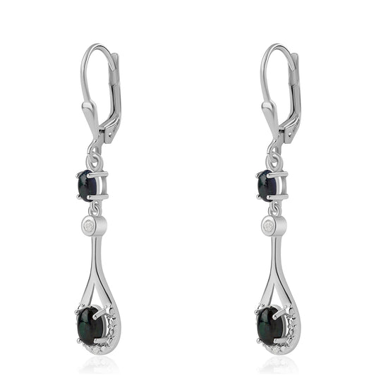 925 / 1000 Sterlingové Stříbro Náušnice s Půlnočně Černým Etiopským Opálem z Lega Dembi a Bílým Topazem