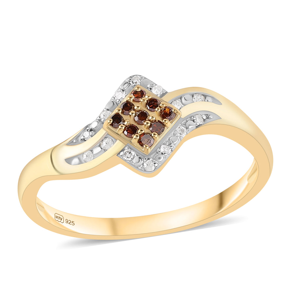 Pozlacený 925 / 1000 Sterlingové Stříbro Prsten s Červeným Diamantem a Bílým Diamantem 1 