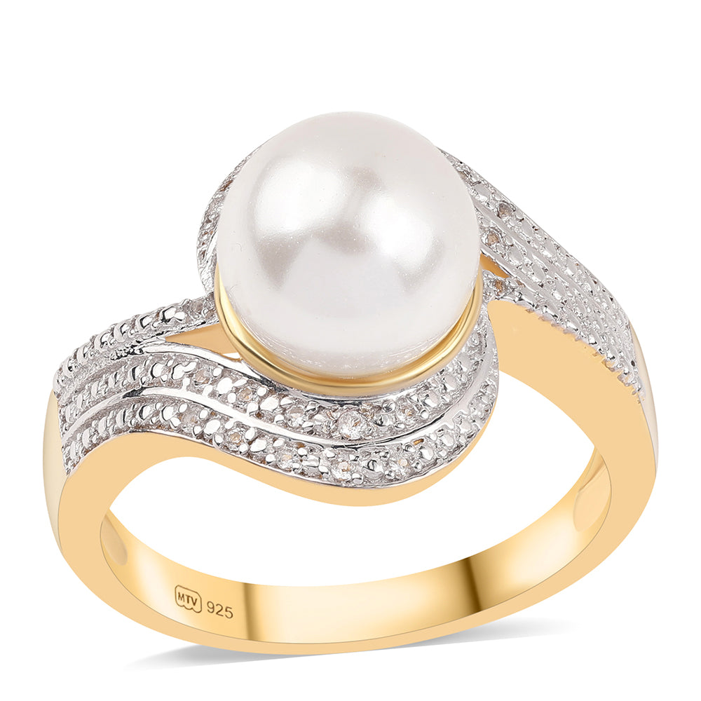 Pozlacený Stříbrný Prsten s Bílou Sladkovodní Perlou a Bílým Topazem 1 