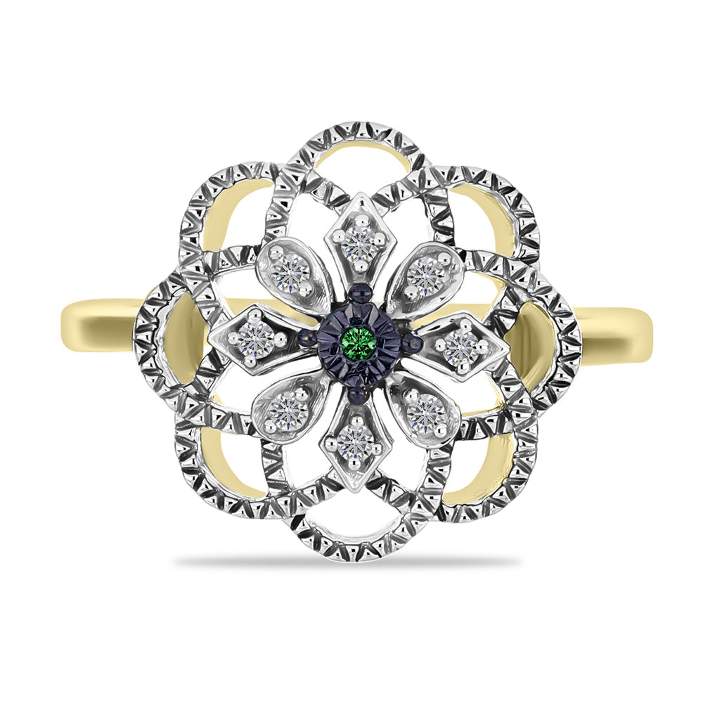 Pozlacené Stříbro 925/1000 - Prsten se Zeleným Diamantem a Bílým Diamantem - Karátové číslo: 0.09. přibližná hmotnost: 3.42 gramů