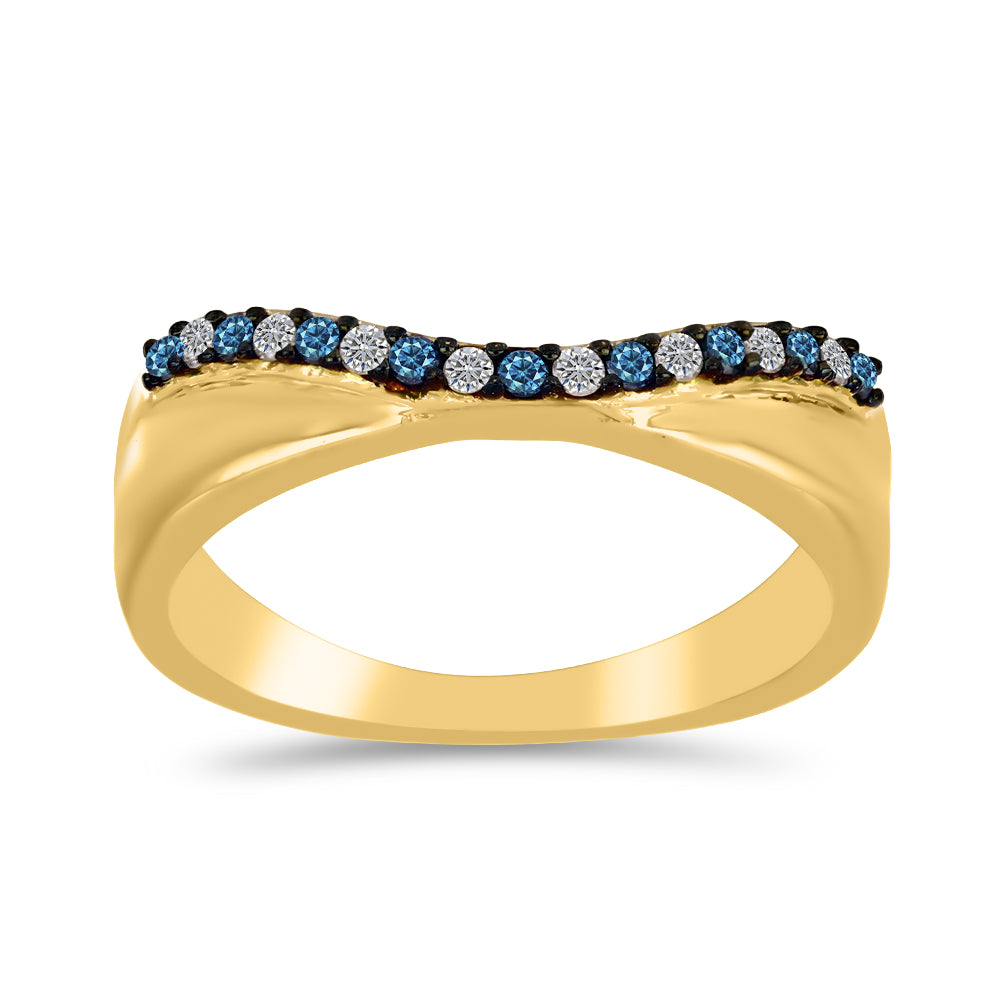 Pozlacené Stříbro 925/1000 - Prsten s Modrým Diamantem a Bílým Diamantem - Karátové číslo: 0.2. přibližná hmotnost: 3.04 gramů