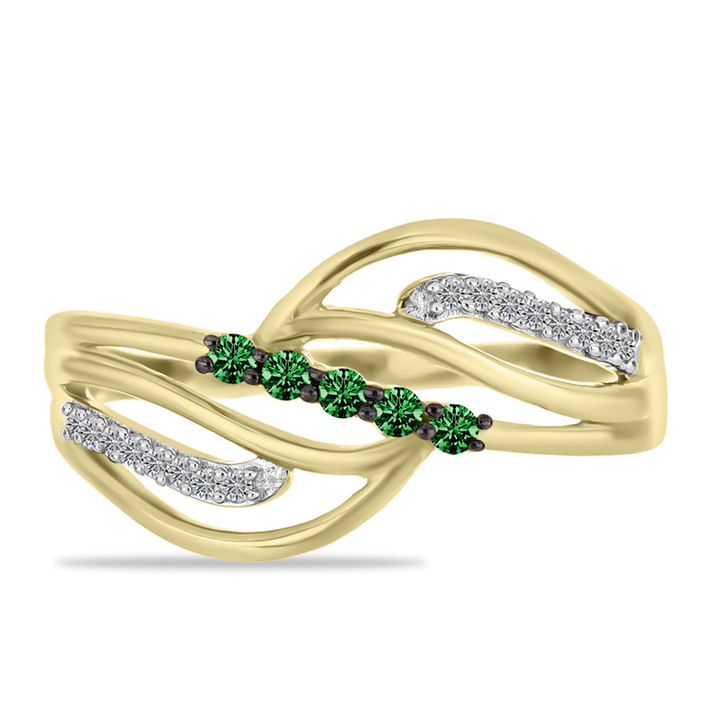 Pozlacené Stříbro 925/1000 - Prsten se Zeleným Diamantem a Bílým Diamantem - Karátové číslo: 0.24. přibližná hmotnost: 3.19 gramů