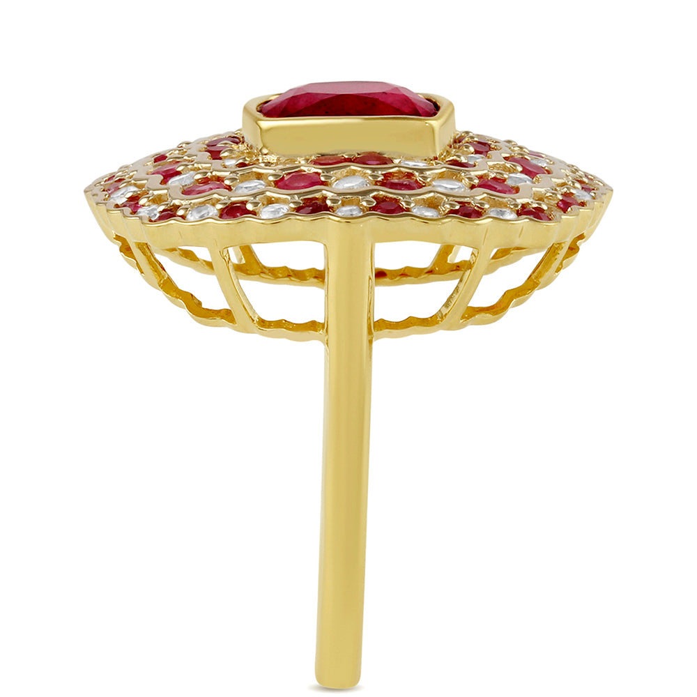 Pozlacené Stříbro 925/1000 - Prsten s Thajským Rubínem a Bílým Topazem - Karátové číslo: 6.36. přibližná hmotnost: 7.51 gramů