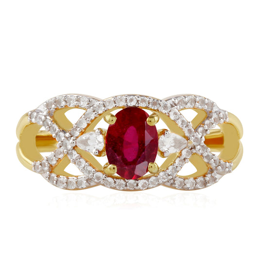 Pozlacené Stříbro 925/1000 - Prsten s Thajským Rubínem a Bílým Topazem - Karátové číslo: 3.11. přibližná hmotnost: 4.03 gramů