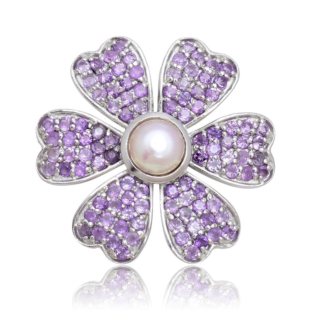 Stříbro 925/1000 - Brož s Marockým Ametystem a Bílou Sladkovodní Perlou - Karátové číslo: 0.85. přibližná hmotnost: 4.31 gramů 1 