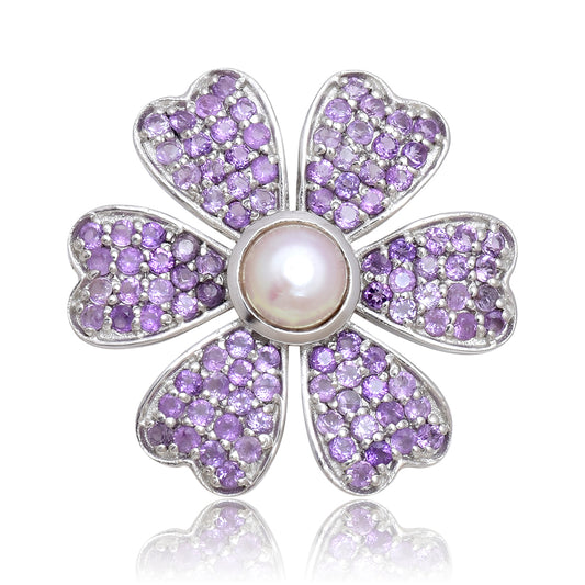 Stříbro 925/1000 - Brož s Marockým Ametystem a Bílou Sladkovodní Perlou - Karátové číslo: 0.85. přibližná hmotnost: 4.31 gramů