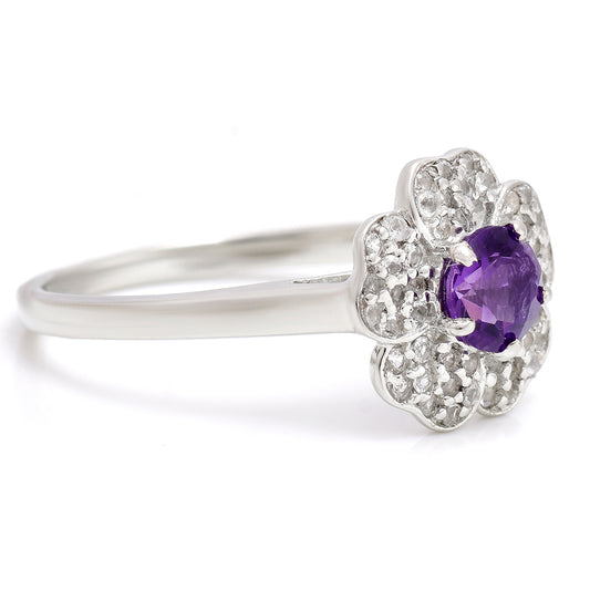 Stříbro 925/1000 - Prsten s Marockým Ametystem a Bílým Topazem - Karátové číslo: 0.64. přibližná hmotnost: 2.67 gramů