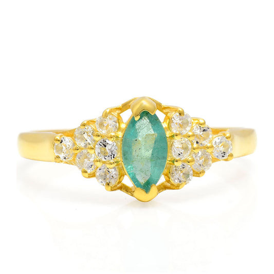 Pozlacené Stříbro 925/1000 - Prsten s Brazilským Smaragdem a Bílým Topazem - Karátové číslo: 0.78. přibližná hmotnost: 2.14 gramů